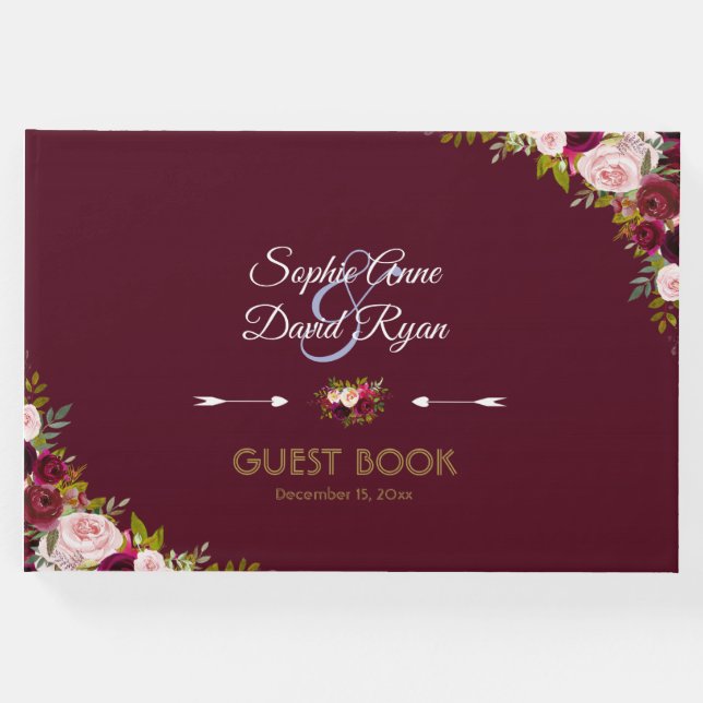 Elegant Marsala Floral Burgundy Wedding Gästebuch (Vorderseite)