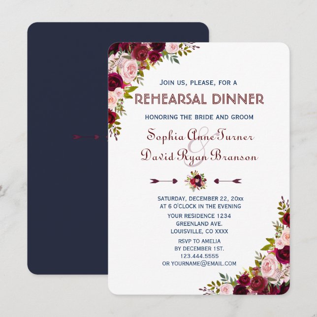 Elegant Marsala Floral Navy Blue Probe Dinner Einladung (Vorne/Hinten)