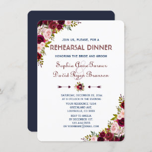 Elegant Marsala Floral Navy Blue Probe Dinner Einladung