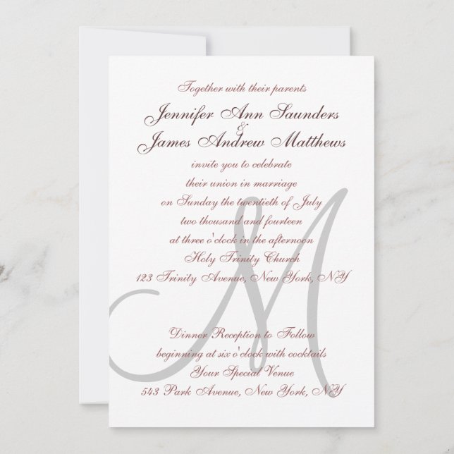 Elegant Marsala Gray Wedding Invitations Initial Einladung (Rückseite)