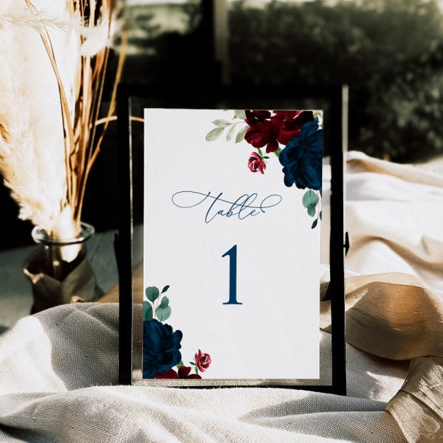 Elegant Marsala & Navy Blume Tabelle 1 Hochzeit Tischnummer (Von Creator hochgeladen)