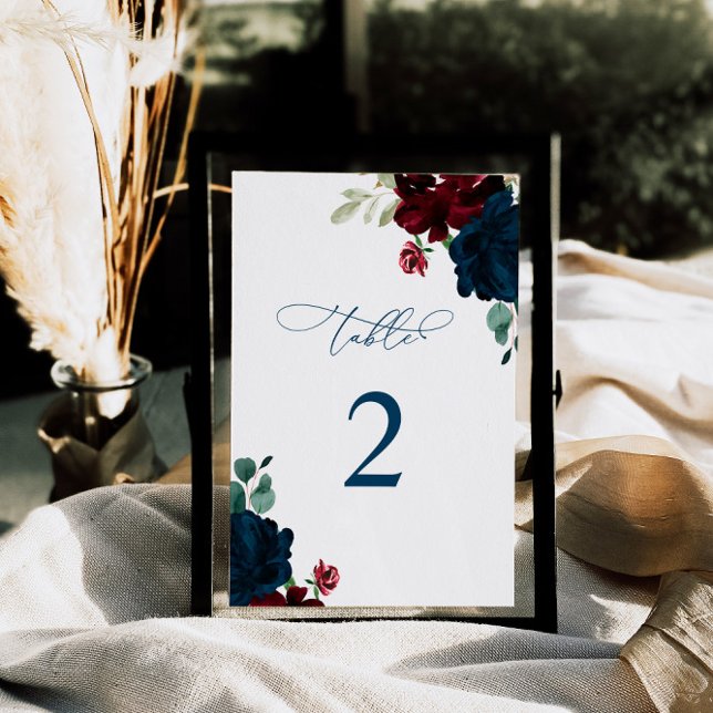 Elegant Marsala & Navy Blume Tabelle 2 Hochzeit Tischnummer (Von Creator hochgeladen)