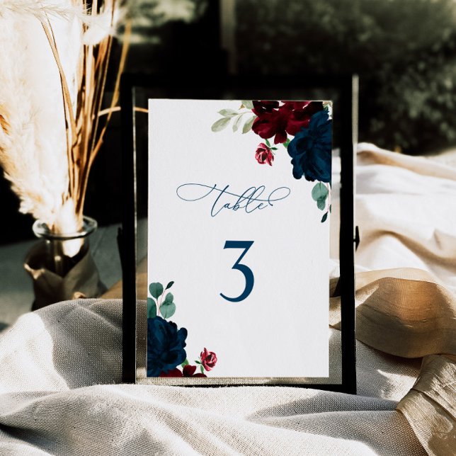 Elegant Marsala & Navy Blume Tabelle 3 Hochzeit Tischnummer (Von Creator hochgeladen)