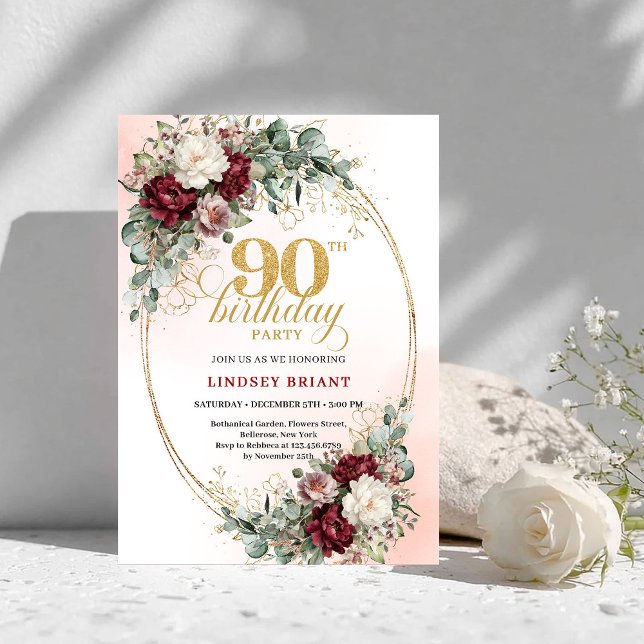 Elegant Marsala Peonies Eucalyptus 90th Birthday  Einladung (Elegant Marsala Peonies Eucalyptus 90th Birthday Invite)