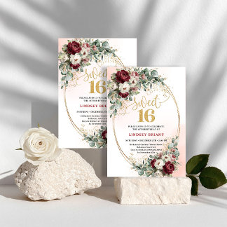 Elegant Marsala Peonies Gold Sweet 16 Birthday Einladung