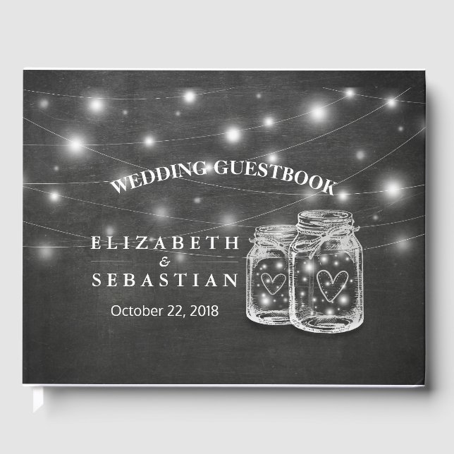 Elegant Mason Jar String Lights Chalkboard Wedding Gästebuch (Vorderseite)