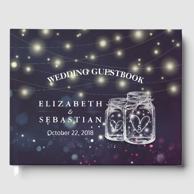 Elegant Mason Jar String Lights Wedding Guestbook Gästebuch (Vorderseite)