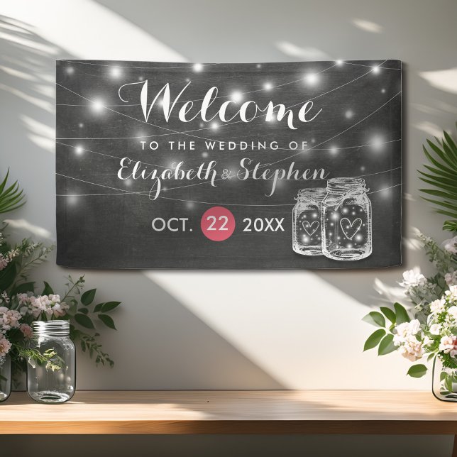 Elegant Mason & Jar String Lights Wedding Willkomm Banner (Von Creator hochgeladen)
