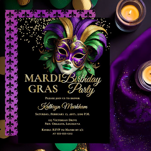 Elegant Masquerade Mask Mardi Gras Birthday Party Folieneinladung (Elegant Purple, Green and Gold Tone Masquerade Mask Mardi Gras Birthday Party Gold Foil Invitation )