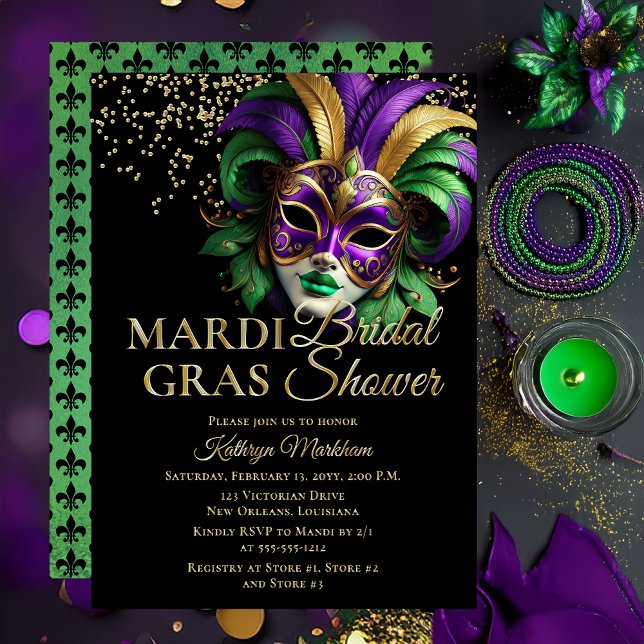 Elegant Masquerade Mask Mardi Gras Bridal Shower Folieneinladung (Elegant Purple, Green and Gold Tone Masquerade Mask Mardi Gras Party Invitation -- Gold Foil Text )
