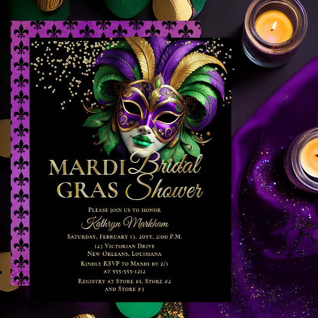 Elegant Masquerade Mask Mardi Gras Bridal Shower Folieneinladung (Elegant Purple, Green and Gold Tone Masquerade Mask Mardi Gras Bridal Shower Invitation -- Gold Foil)
