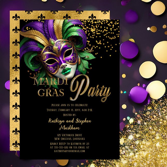 Elegant Masquerade Mask Mardi Gras Party Einladung (Elegant Purple, Green and Gold Tone Masquerade Mask Mardi Gras Party Invitation -- Print | Digital )