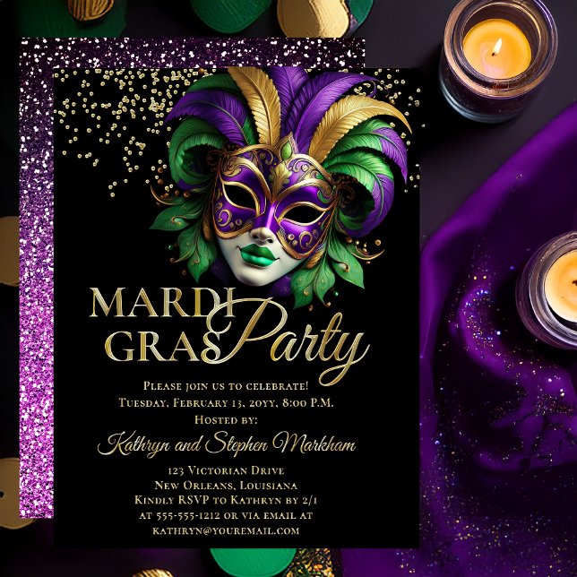Elegant Masquerade Mask Mardi Gras Party Folieneinladung (Elegant Purple, Green and Gold Tone Masquerade Mask Mardi Gras Party Invitation -- Gold Foil Text )