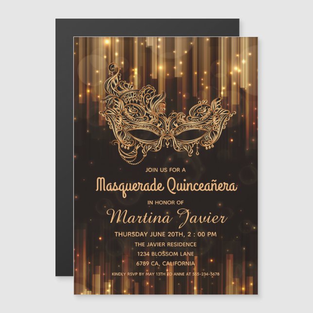 Elegant Masquerade Quinceañera 15. Geburtstag Magneteinladung (Vorne/Hinten)