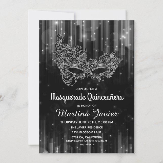 Elegant Masquerade Quinceañera Black 15. Geburtsta Einladung (Vorderseite)