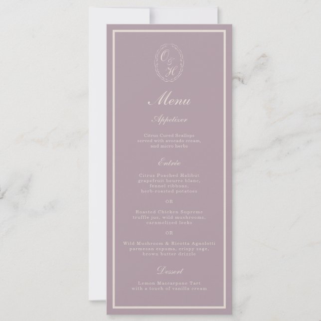 Elegant Mauve Monogram Wedding Long Menu Einladung (Vorderseite)