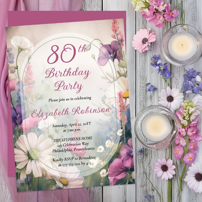 Elegant Mauve | Multi 80th Birthday Party Floral Einladung (Elegant Floral 80th Milestone Birthday | Romantic Botanical Garden Party Invitation -Print | Digital)