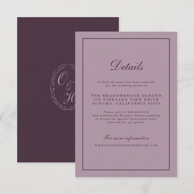 Elegant Mauve Plum Wedding Details Card Begleitkarte (Vorne/Hinten)