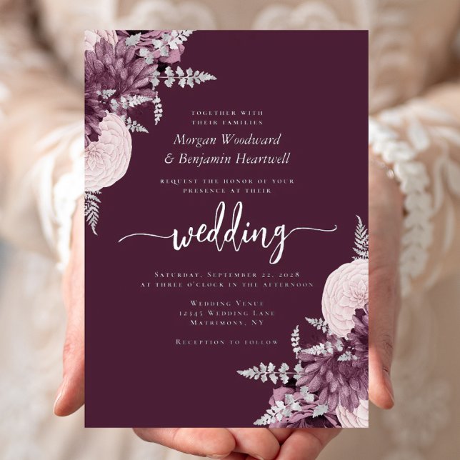 Elegant Mauve Silver Floral Wedding Folieneinladung (Von Creator hochgeladen)