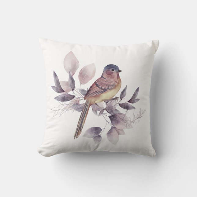 Elegant Mauve Watercolor Bird Throw Kissen (Vorderseite)