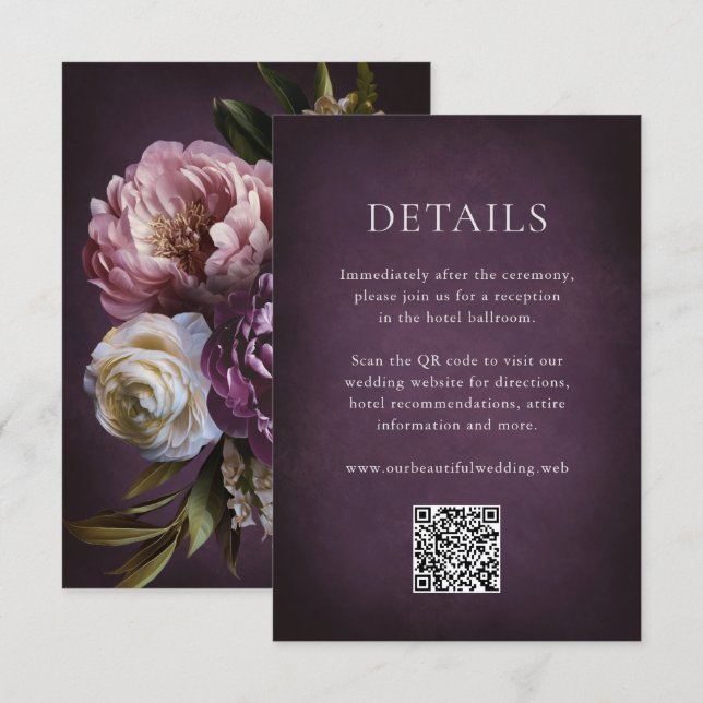Elegant Maximalist Purple Floral QR Code Wedding Begleitkarte (Vorne/Hinten)