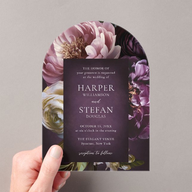 Elegant Maximalist Purple Floral Wedding Acryleinladungen (Insitu (Handheld))