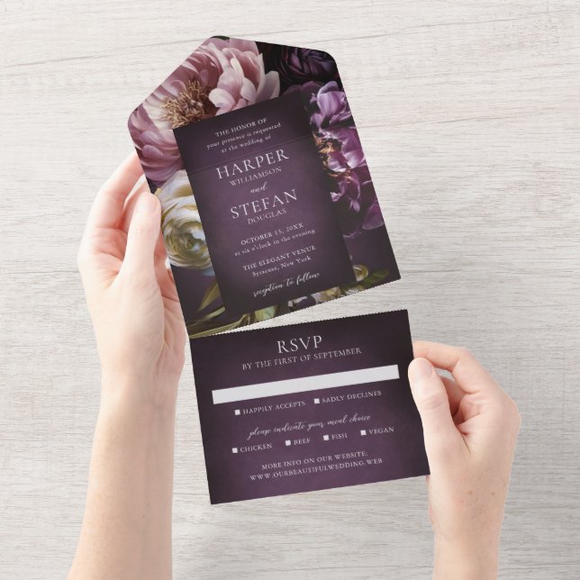 Elegant Maximalist Purple Floral Wedding All In One Einladung (Abreißen)