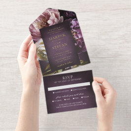 Elegant Maximalist Purple Floral Wedding All-in-One-Einladung