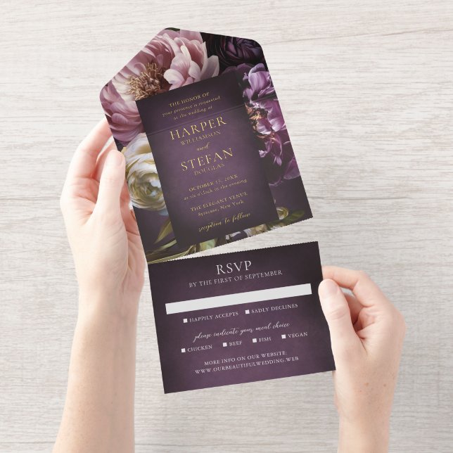 Elegant Maximalist Purple Floral Wedding All-in-One-Einladung (Abreißstreifen)