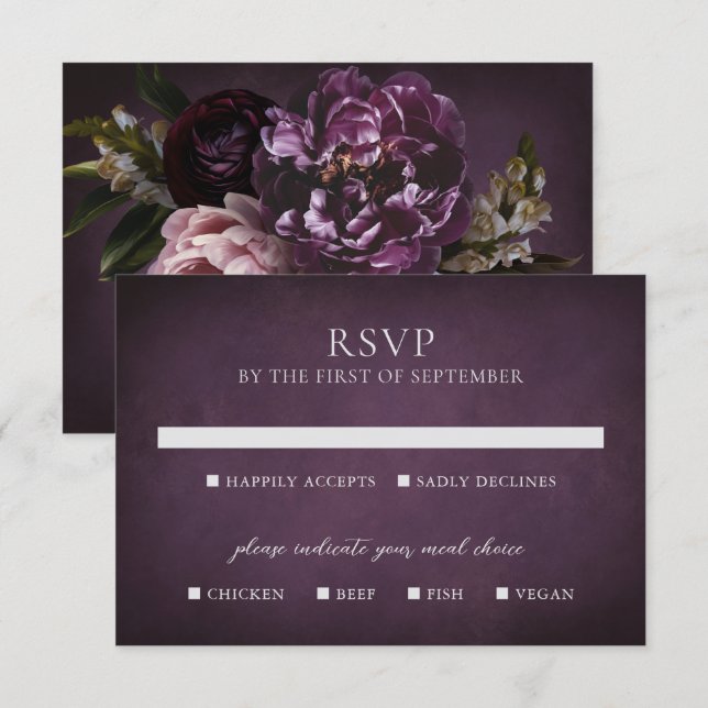 Elegant Maximalist Purple Floral Wedding RSVP Karte (Vorne/Hinten)