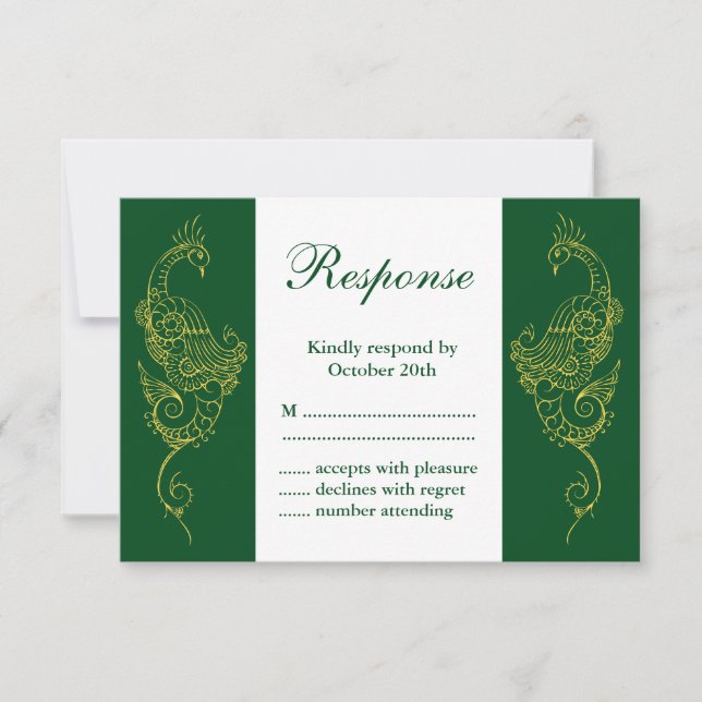 Elegant Mehndi Peacock Wedding RSVP Green White (Vorderseite)