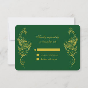 Elegant Mehndi Peacock Wedding RSVP - grün Karte