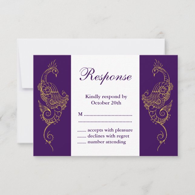 Elegant Mehndi Peacock Wedding RSVP Lila White Karte (Vorderseite)