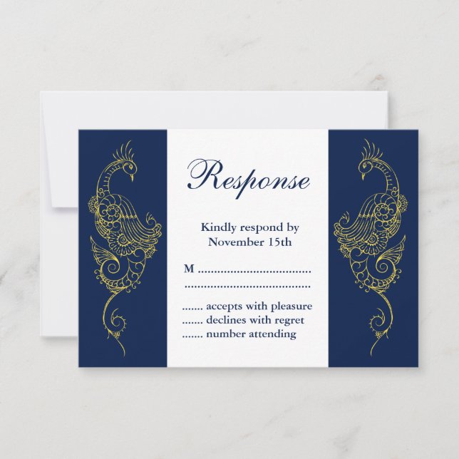 Elegant Mehndi Peacock Wedding RSVP - Navy & White (Vorderseite)