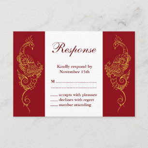 Elegant Mehndi Peacock Wedding RSVP - Red & White Karte
