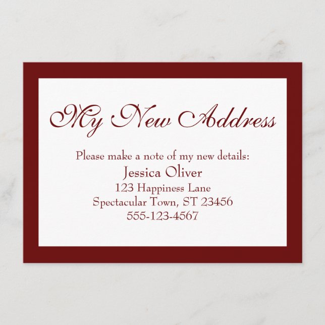 Elegant meine neue Adresse Borded Burgundy & White Begleitkarte (Vorderseite)
