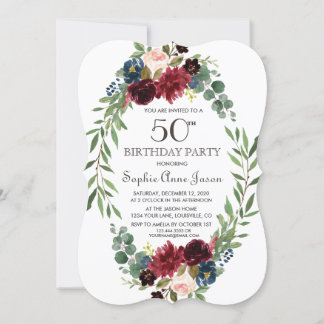 Elegant Merlot Navy Blue Floral 50. Geburtstag Einladung