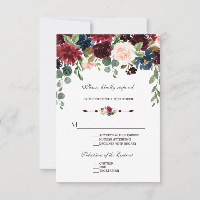 Elegant Merlot Navy Blue Floral Wedding RSVP (Vorderseite)