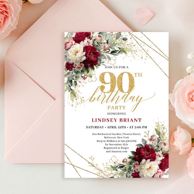 Elegant Merlot Rose Gold 90th Birthday Invite Einladung (Elegant Merlot Rose Gold 90th Birthday Invite)