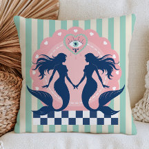 Elegant Mermaids on Mint Stripes Pastel Nautical