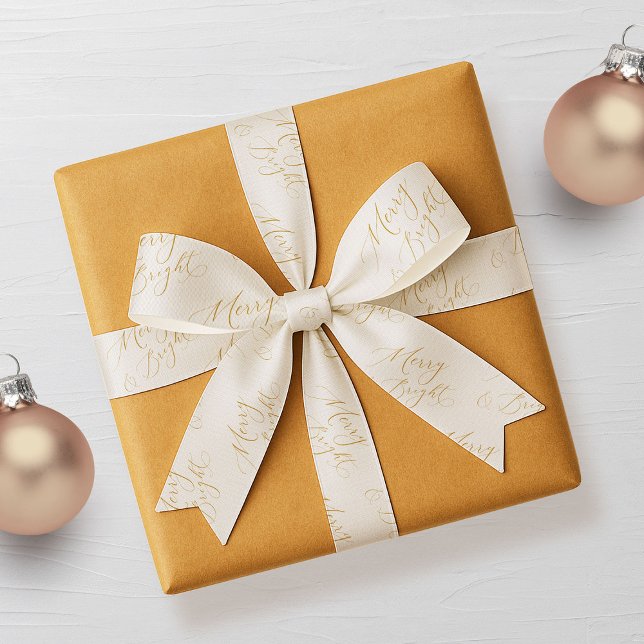 Elegant Merry & Bright Gold Script Christmas Ripsband (Von Creator hochgeladen)