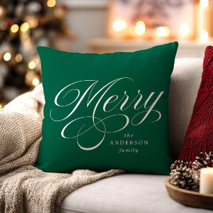 Elegant Merry Calligraphy Script Green Holiday Kissen