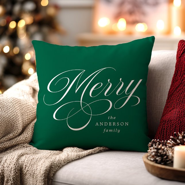 Elegant Merry Calligraphy Script Green Holiday Kissen (Von Creator hochgeladen)