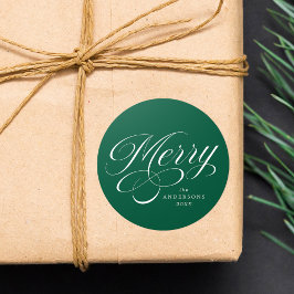 Elegant Merry Calligraphy Script Green Holiday Runder Aufkleber