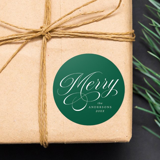 Elegant Merry Calligraphy Script Green Holiday Runder Aufkleber (Von Creator hochgeladen)