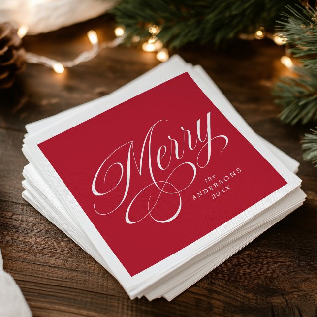 Elegant Merry Calligraphy Script Red Christmas Serviette (Von Creator hochgeladen)