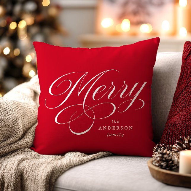 Elegant Merry Calligraphy Script Red Holiday Kissen (Von Creator hochgeladen)
