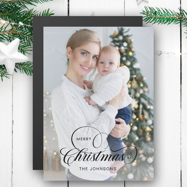 Elegant Merry Christmas Calligraphy 1-Foto Magnetkarte (Von Creator hochgeladen)