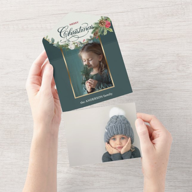 Elegant Merry Christmas Calligraphy Floral Foto All In One Einladung (Abreißen)