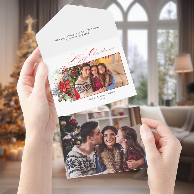 Elegant Merry Christmas Calligraphy Floral Foto All In One Einladung (Von Creator hochgeladen)